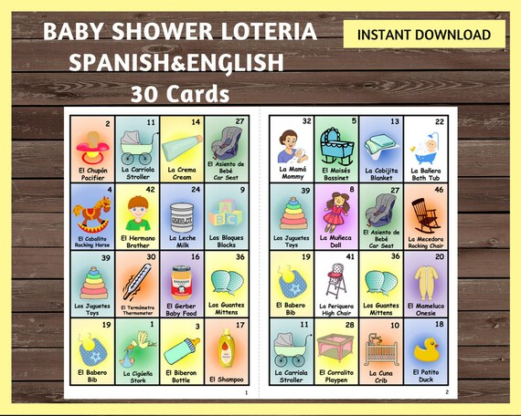 Baby Shower Loteria 30 Cards Spanish English Loteria Cards 