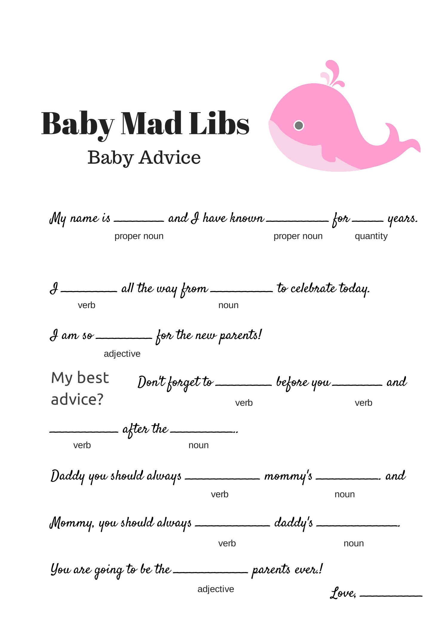 FREE Baby Mad Libs Game Baby Advice Baby Shower Ideas 