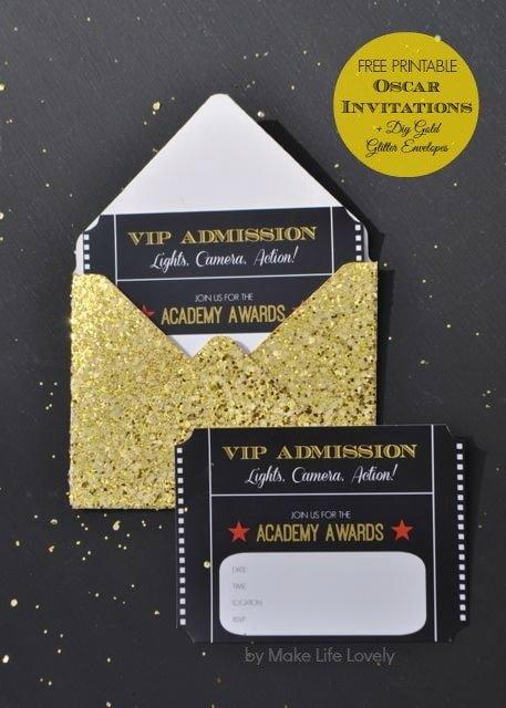 Free Printable Oscar Party Invitations DIY Gold Glitter 