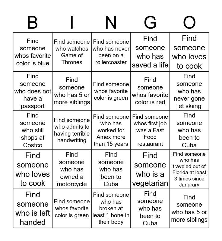 GET TO KNOW YOU Bingo Card