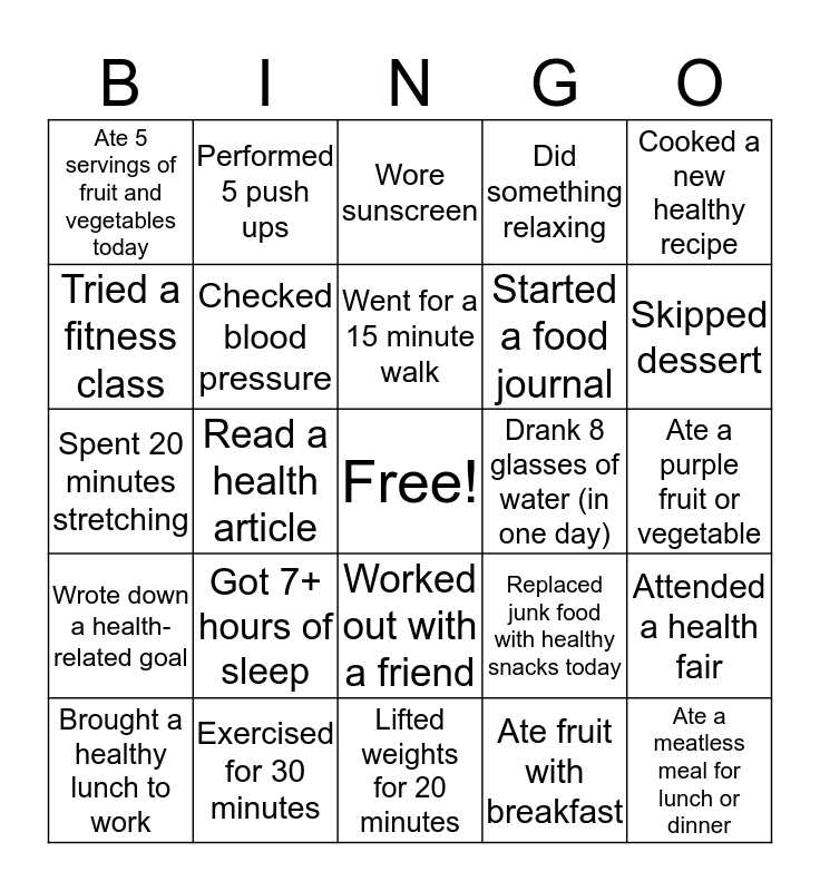 Health And Wellness Bingo Card