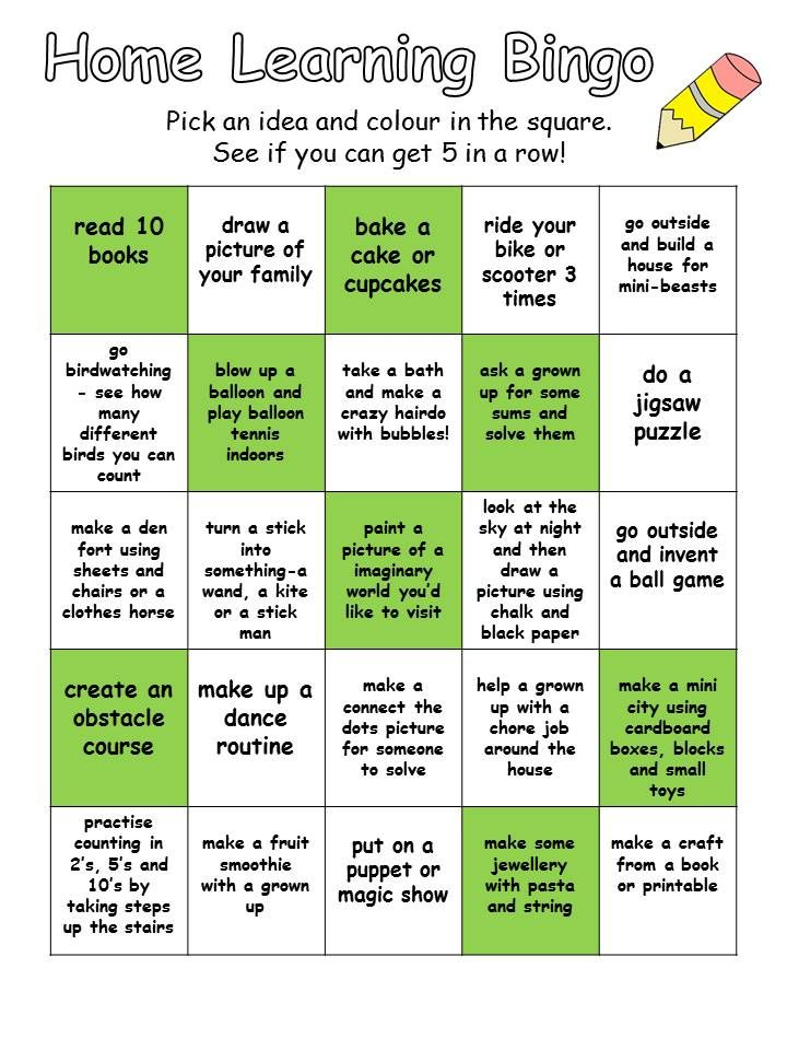 Home Learning Activities Bingo Ages 4 11 FREEBIE 