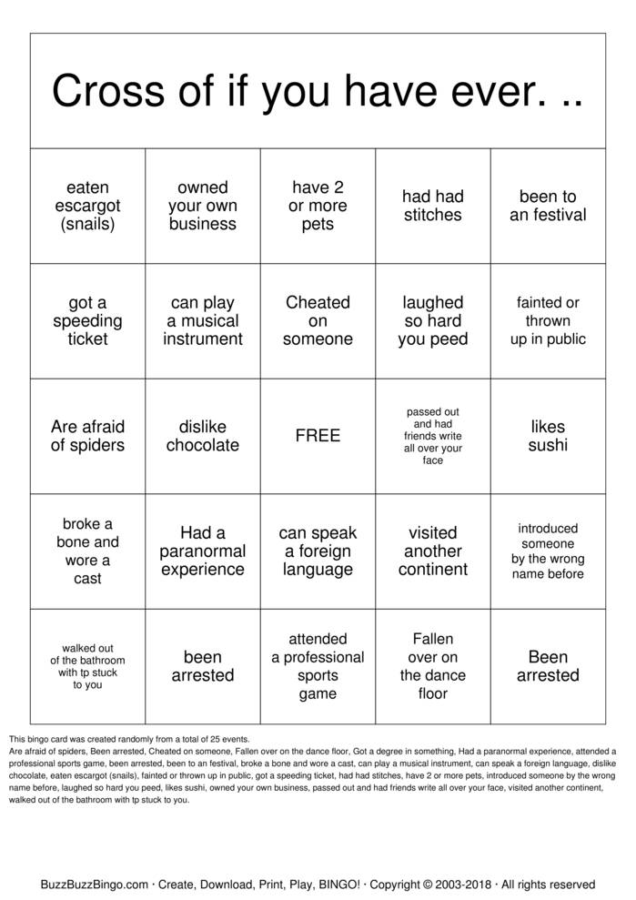 Life Experiences Bingo Bingo Cards To Download Print And 