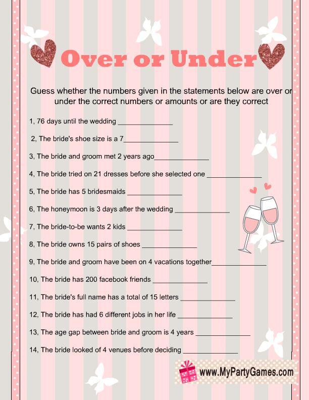 Over Or Under Bridal Shower Game Printables Fun Bridal 