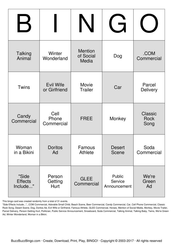 SUPER BOWL BINGO Bingo Cards To Download Print And Customize 