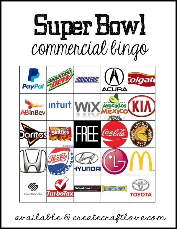 Super Bowl Commercial Bingo Super Bowl Super Bowl 2018