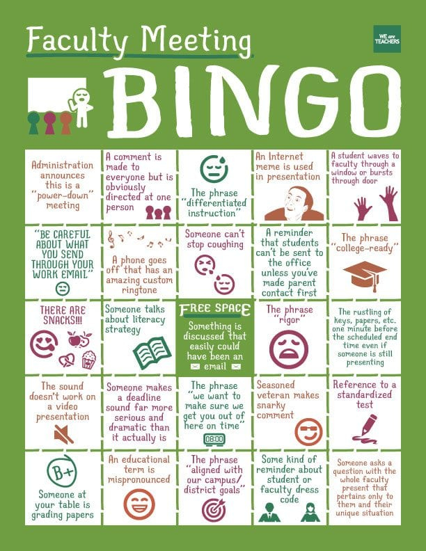 The Official Faculty Meeting Bingo Card WeAreTeachers