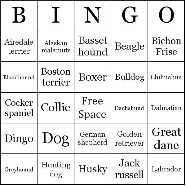 Dogs Bingo Cards