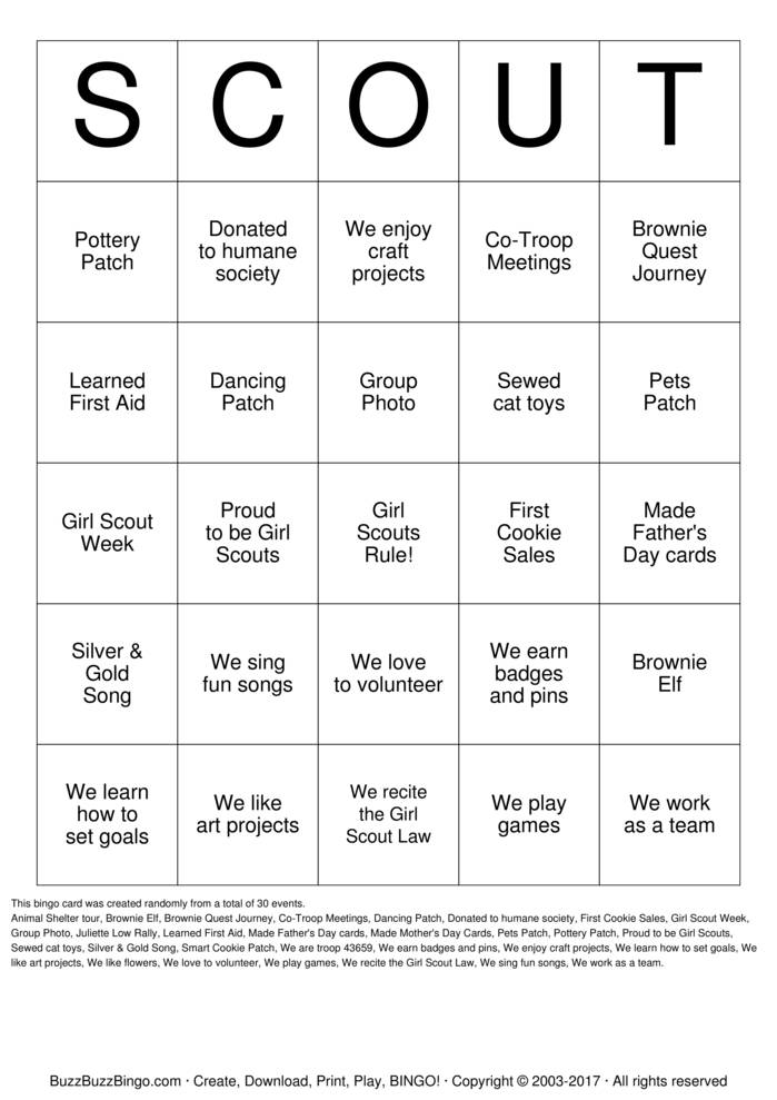 Girl Scout Bingo Cards To Download Print And Customize 