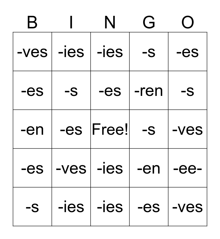 Plural Nouns Bingo Card