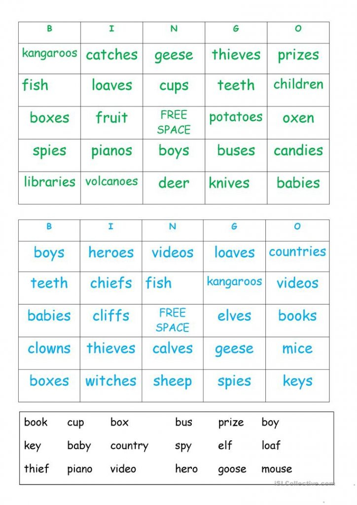 Plurals Bingo Cards English Esl Worksheets For Distance 