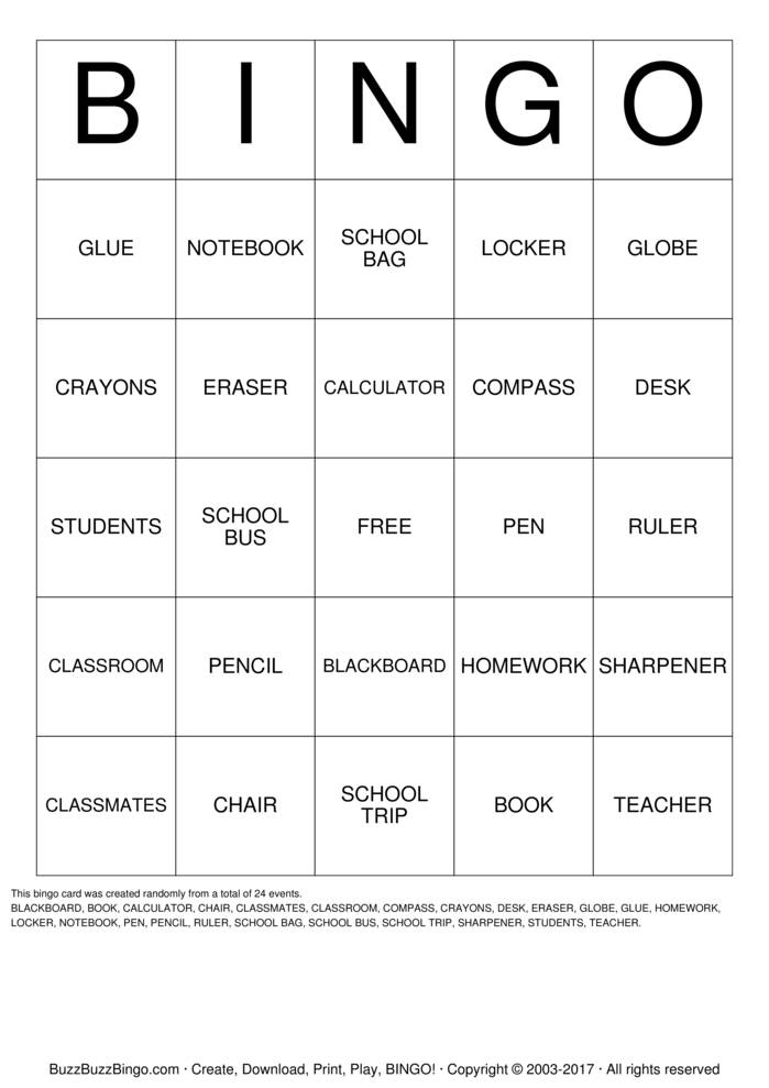 School Bingo Cards To Download Print And Customize 