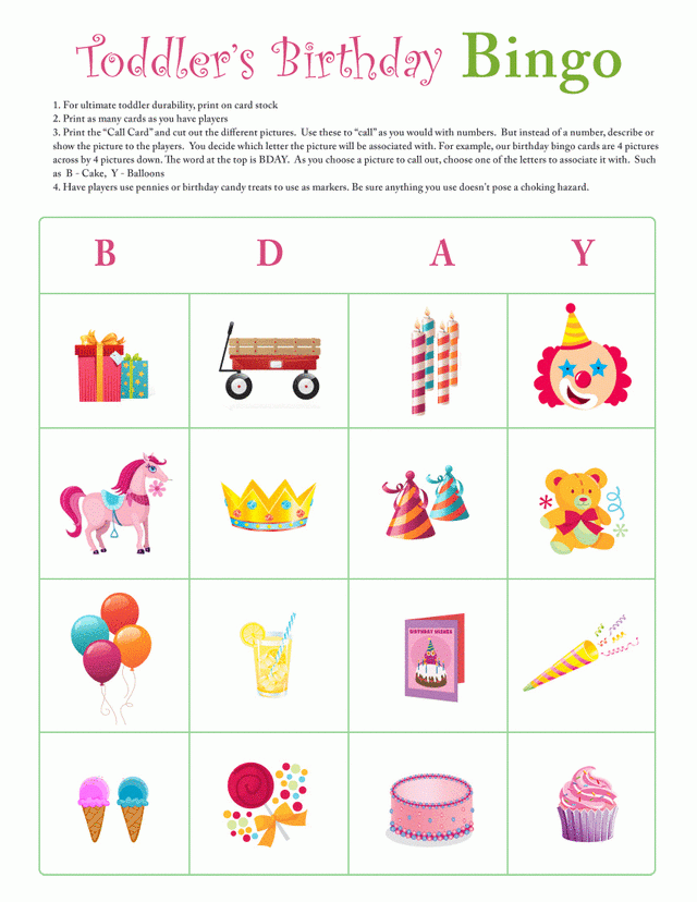 Toddler Birthday Bingo Card 3 Free Printable Coloring Pages