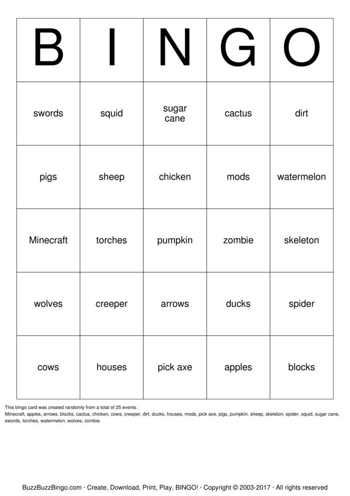 MineCraft Bingo Cards To Download Print And Customize 