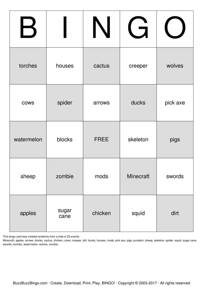 MineCraft Bingo Cards To Download Print And Customize 