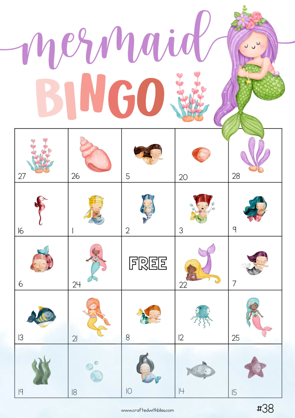 50 Mermaid Bingo Cards 5x5 Mermaid Theme Mermaid Bingo Etsy Mermaid 