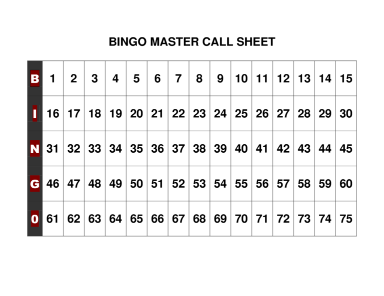 Free Printable Bingo Call Sheets Tsieu