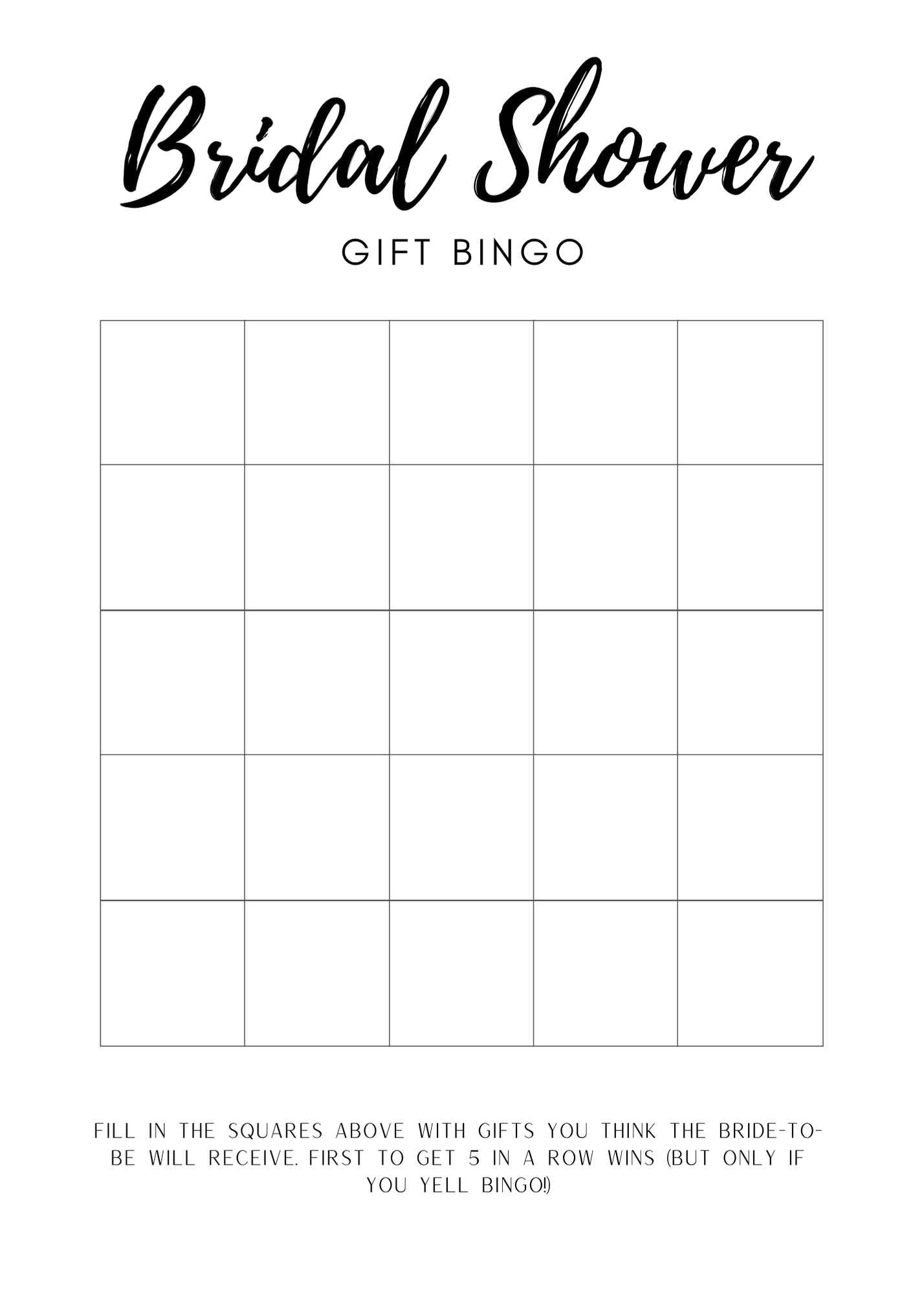 Free Printable Bridal Bingo Template