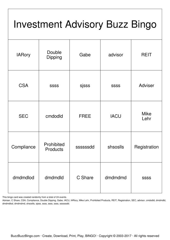 Investment Advisory Buzz Bingo Cards To Download Print And Customize 