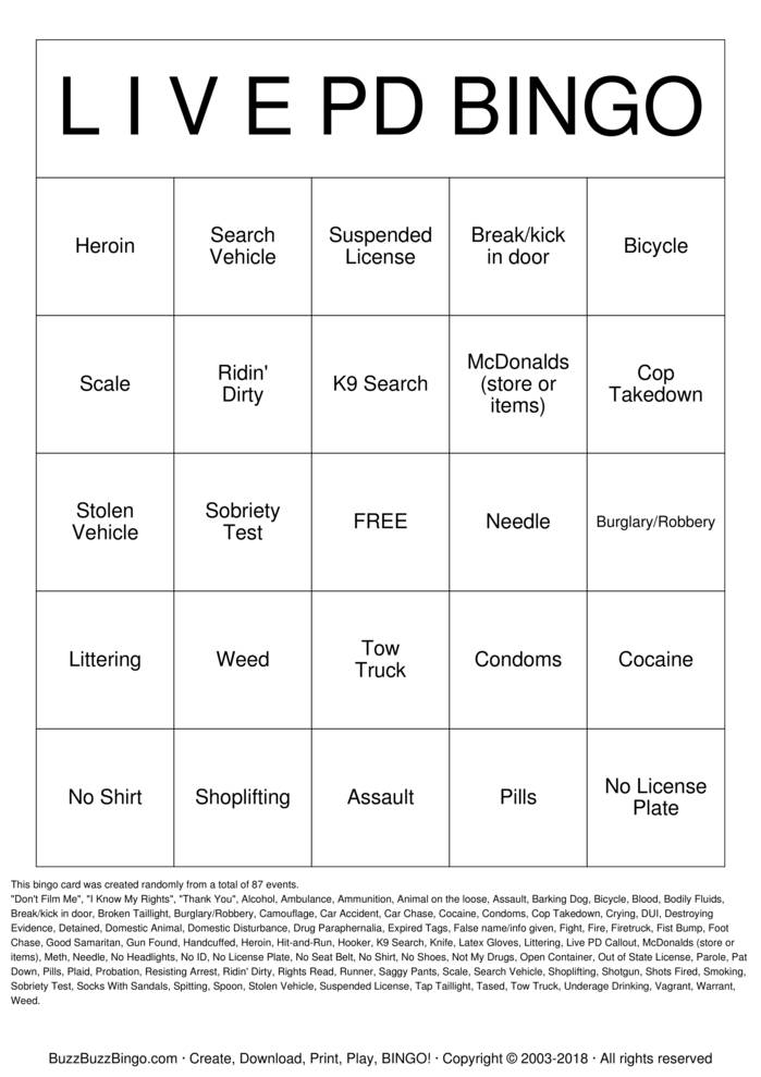 LIVE PD Bingo Cards To Download Print And Customize 