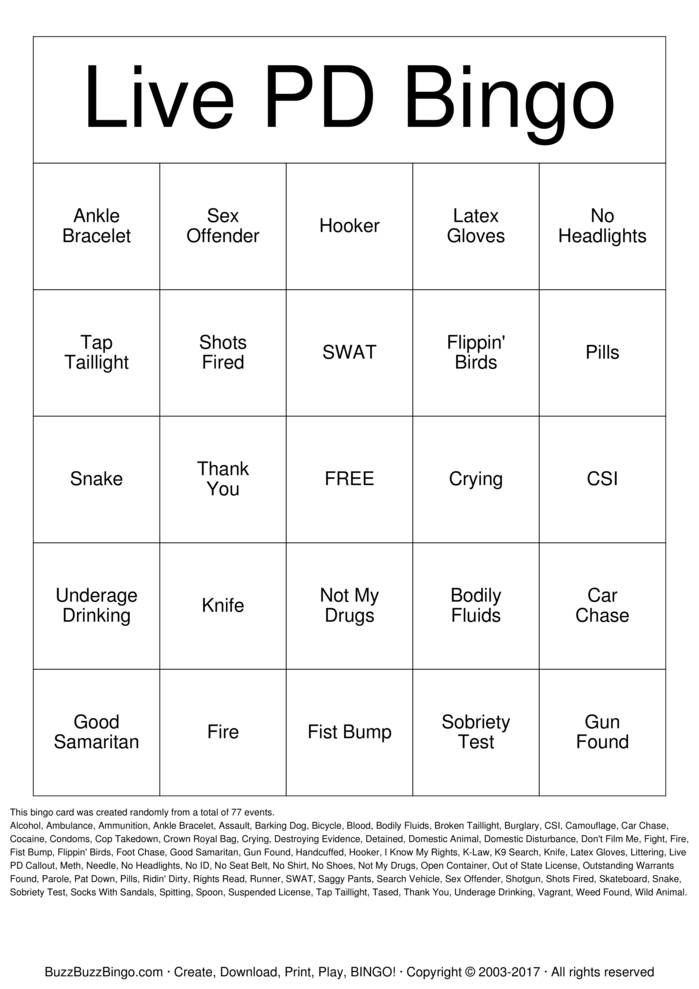 LIVE PD Bingo Cards To Download Print And Customize 