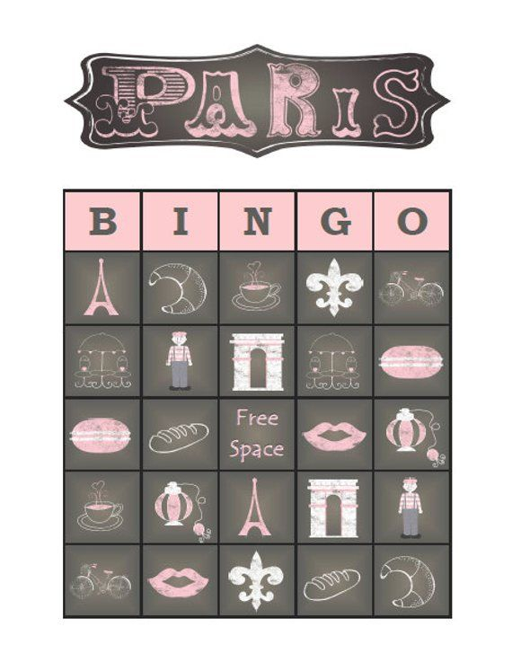 Paris Bingo 30 Printable Birthday Bridal Party Bingo Game Cards Paris 