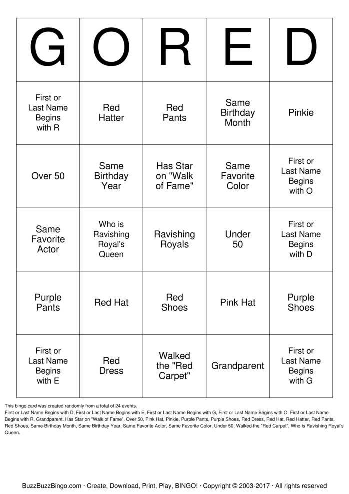 Ravishing Royals RED CARPET Bingo Cards To Download Print And Customize 