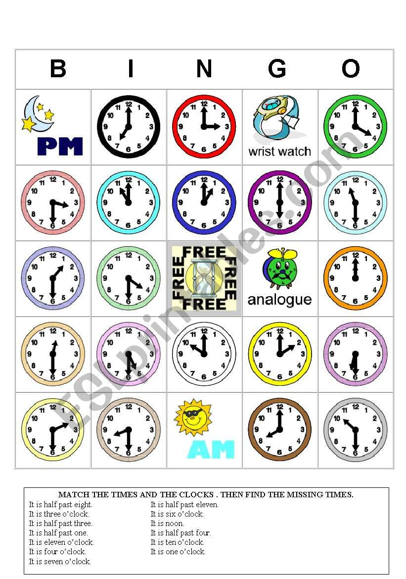 Telling Time Bingo Free Printable