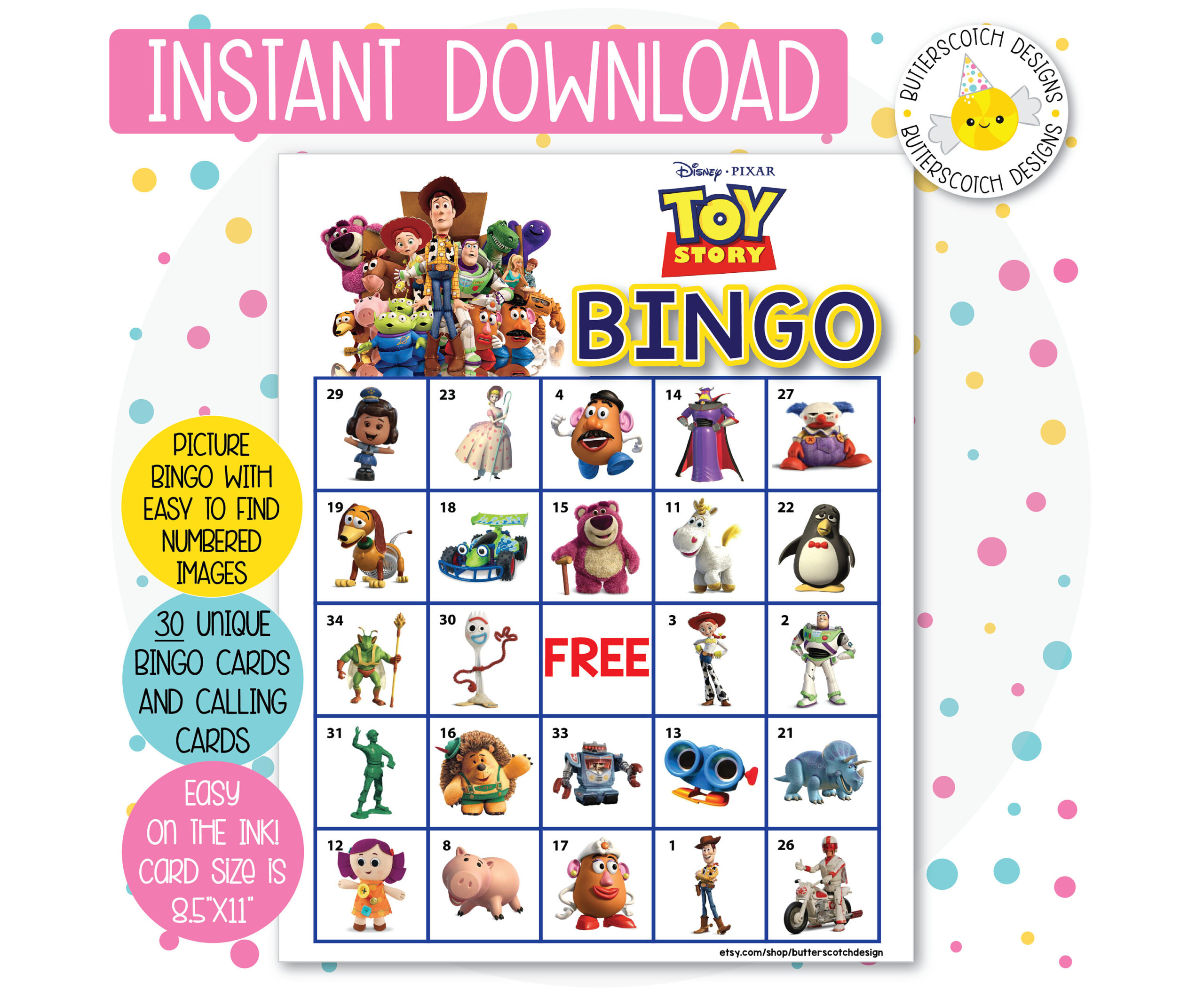 Toy Story Printable Bingo Cards 30 Different Cards Instant Etsy