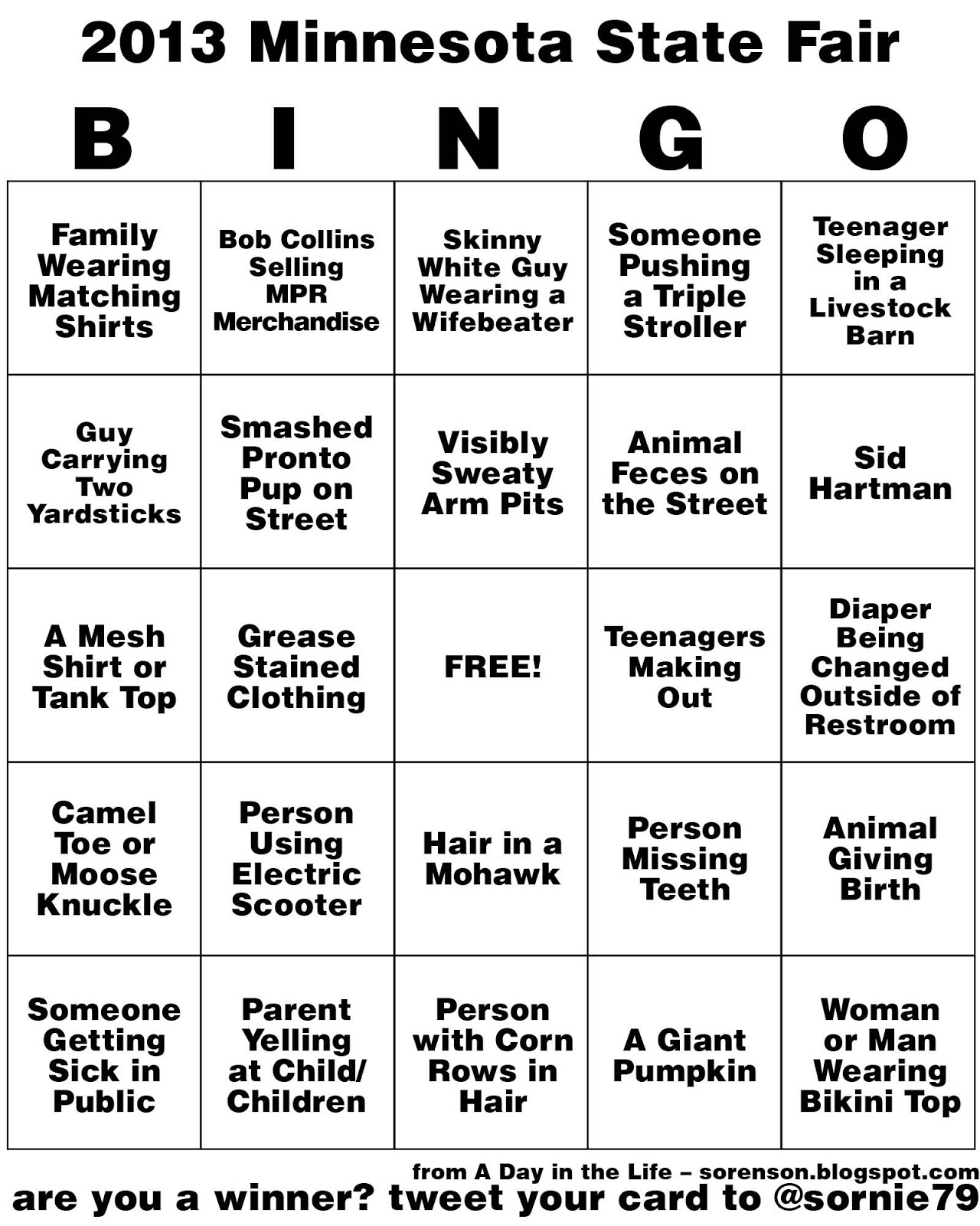 Wandering Minnesota 2013 Minnesota State Fair Bingo Card